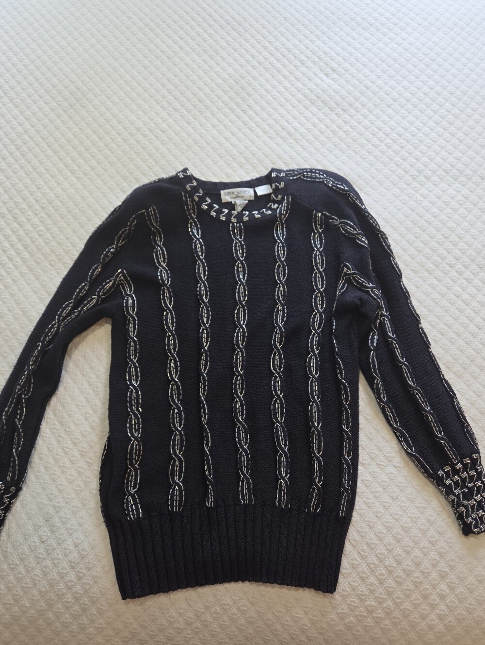 VTG Bonnie Boerer & CO Silver Beaded Black Knit Sweater '88 Ramie Cotton Small